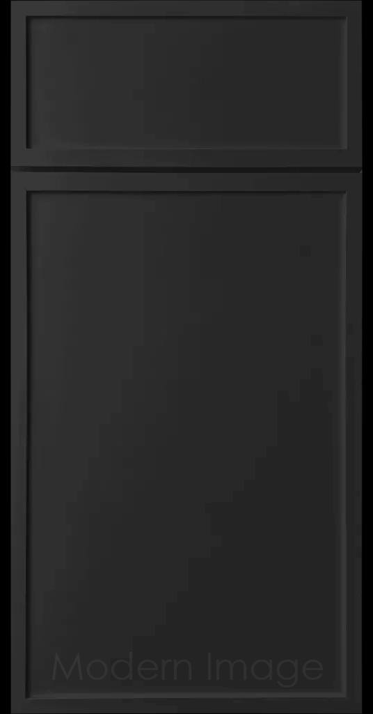Close-up of a Black color Arcadia shaker-style cabinet door, featuring slim stile and rail surrounding a flat center panel